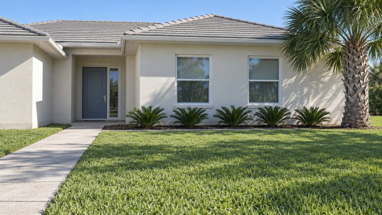Single-story ivory stucco home with pale tiled roof, blue-gray entry door and white-framed windows beyond a broad lawn and concrete walk, with a mature cabbage palm.