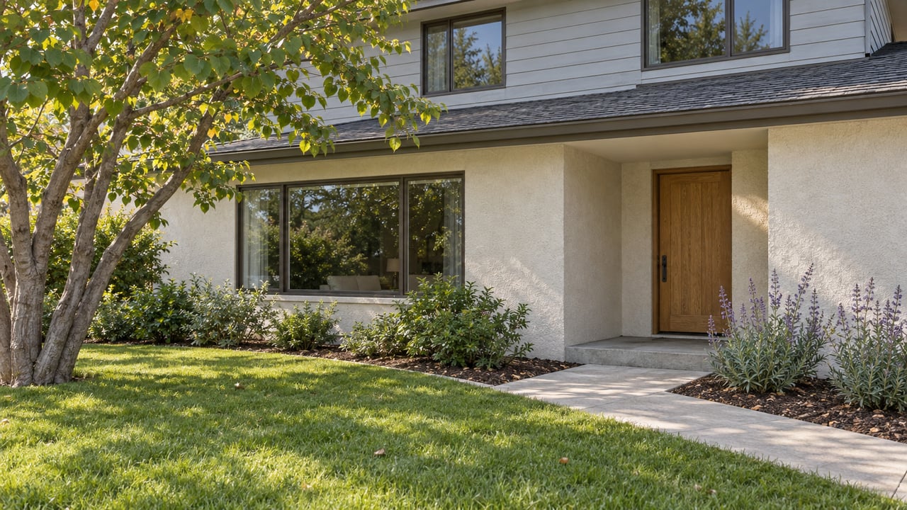 Sunlit two-story stucco and wood-sided home seen across a lawn and concrete approach, with a branching western redbud beside the entry.