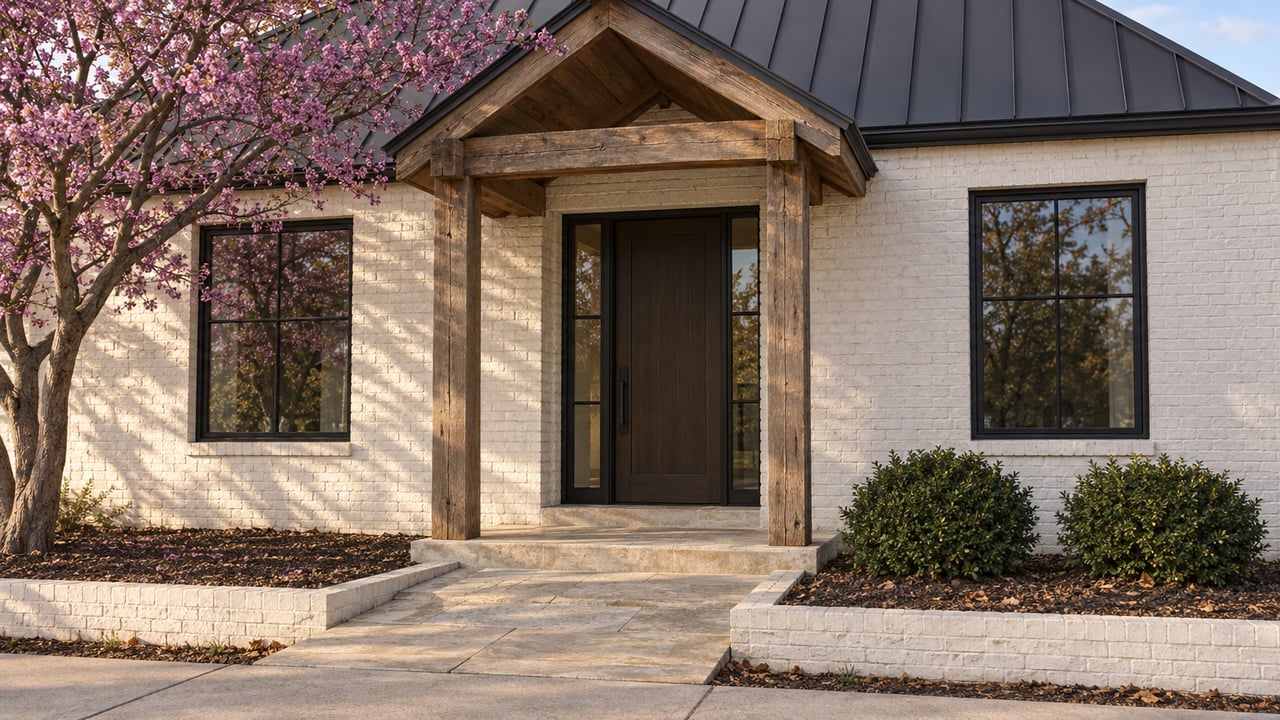 Off-white brick home with a recessed dark door, oak porch posts, redbud tree, and limestone walkway.
