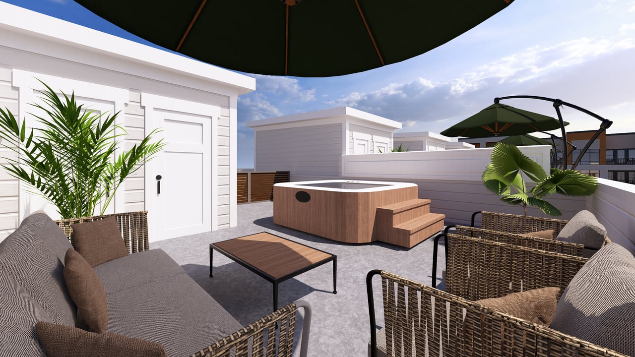 rooftop deck with hot tub and furniture