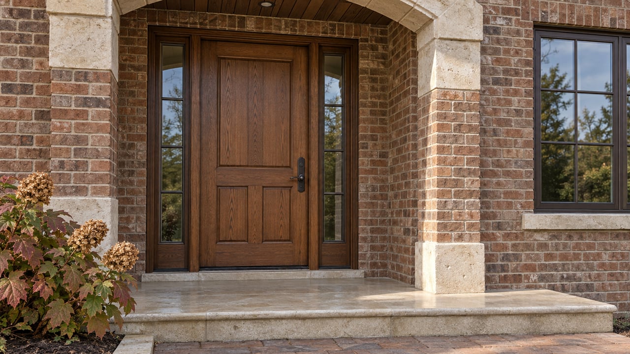 Sheltered oak entrance with paired glass sidelights, brick walls, a limestone arch and a weathered hydrangea beside the stone landing.