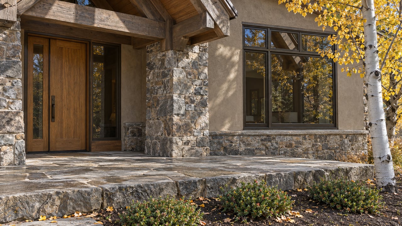 Autumn sunlight across a timber entry canopy, stone walls and quartzite landing beside a gold-leaved aspen.