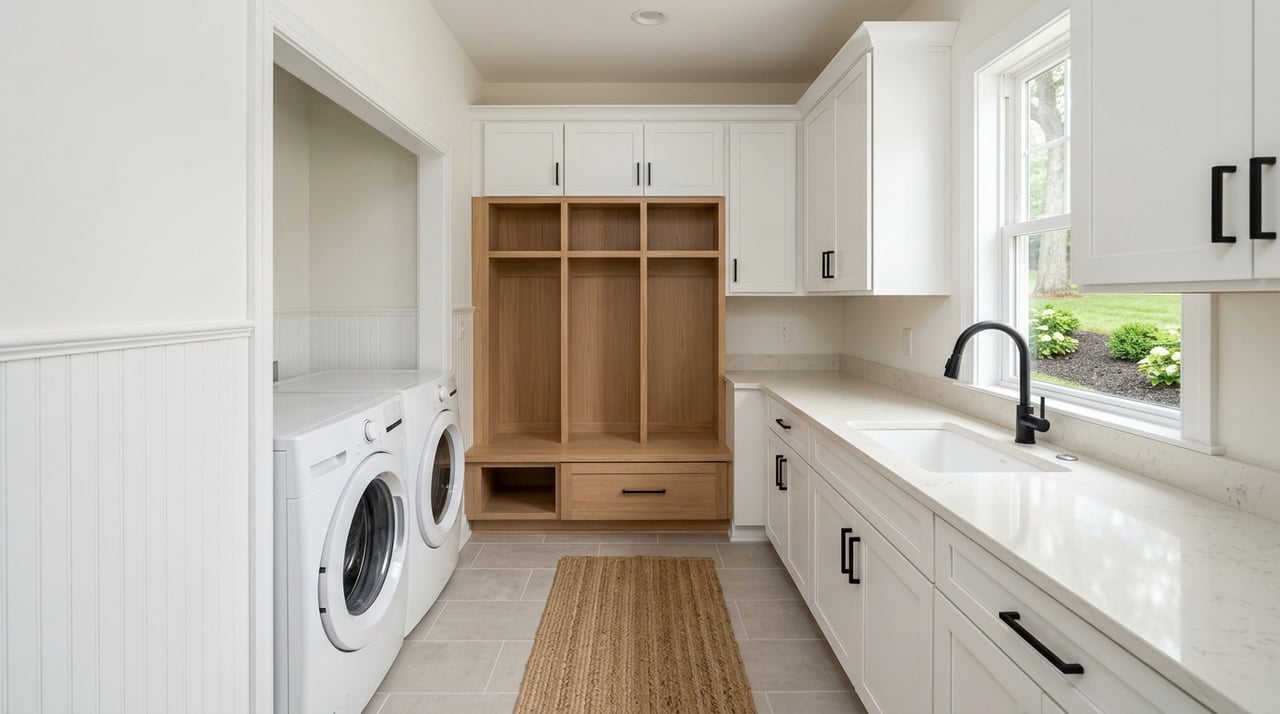 Mudroom laundry built-ins with a quartz sink and beadboard paneling.