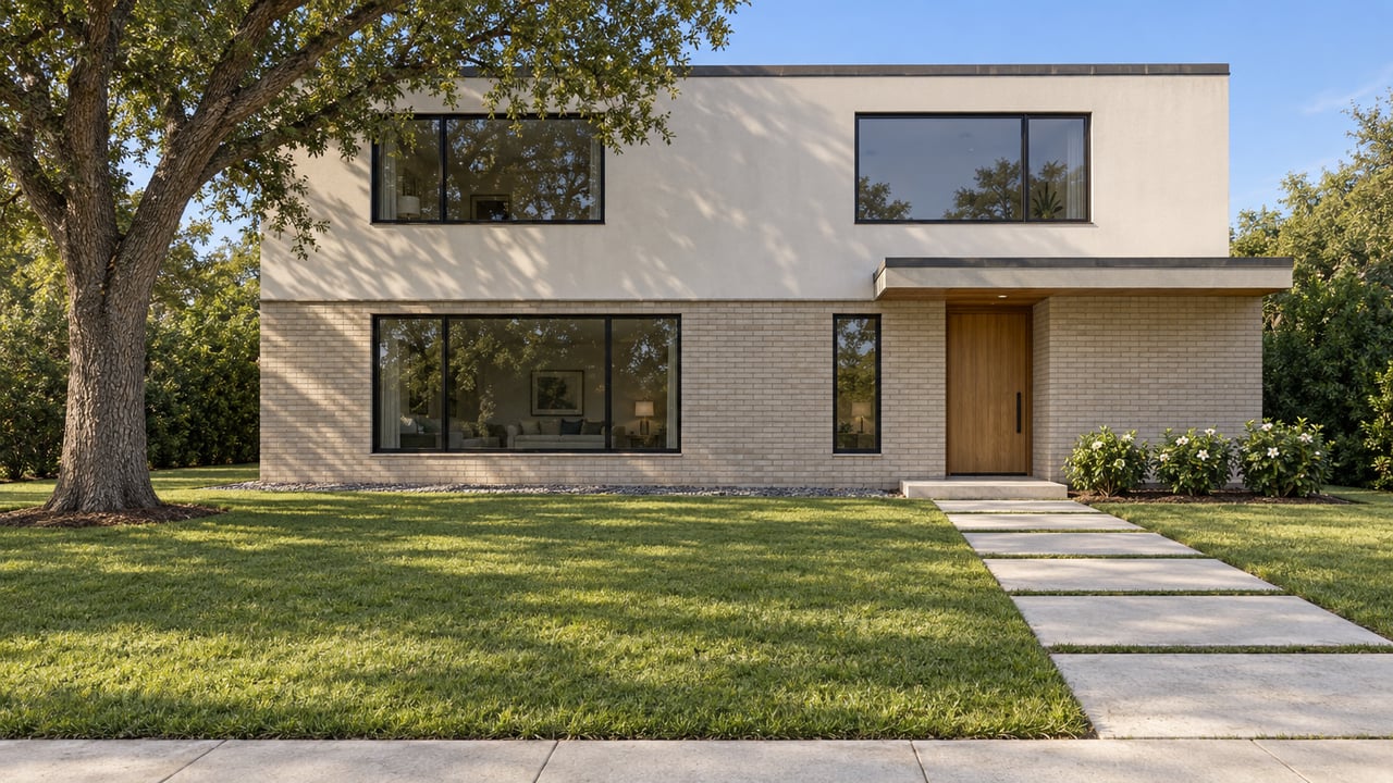 Two-story ivory stucco and pale brick home with black-framed windows, an oak entry door, deep green lawn, and a mature live oak.