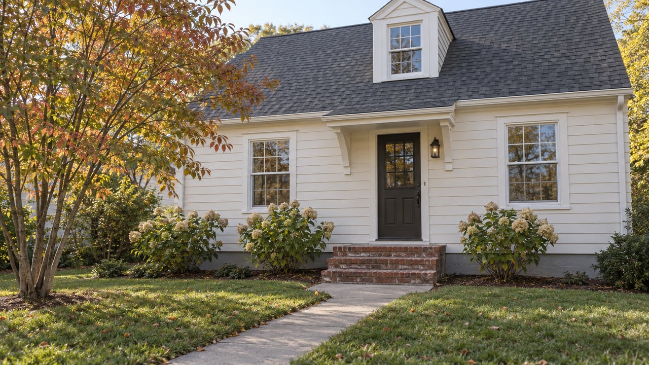 Off-white Cape Cod house with a centered dormer, brick steps, and a serviceberry tree with copper leaves.