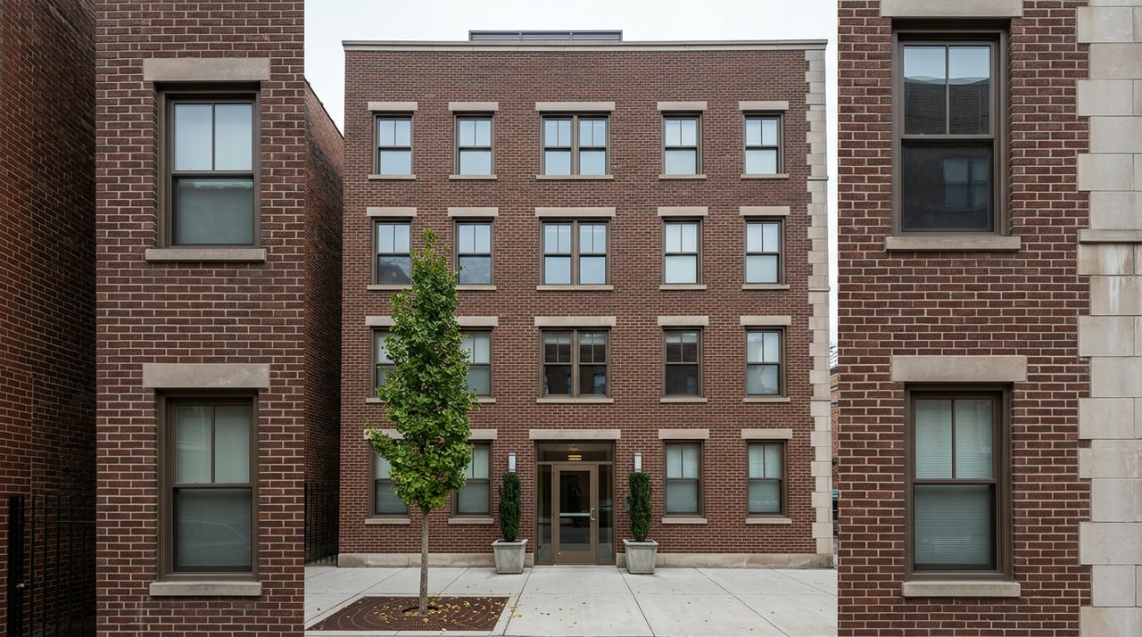 Five-story red-brown brick building with limestone trim, a ginkgo tree, and planters beside its glazed entrance.