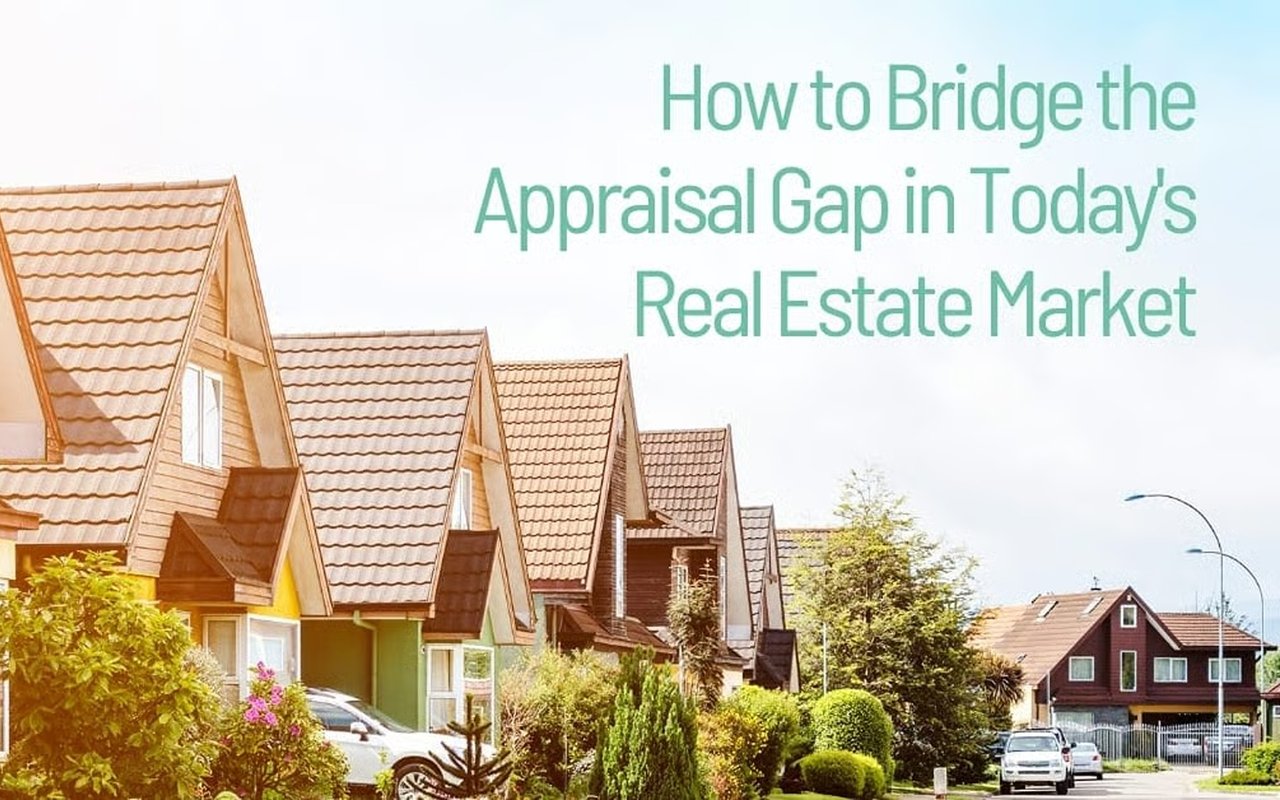 Appraisal gap article title over a sunny street of closely spaced homes.