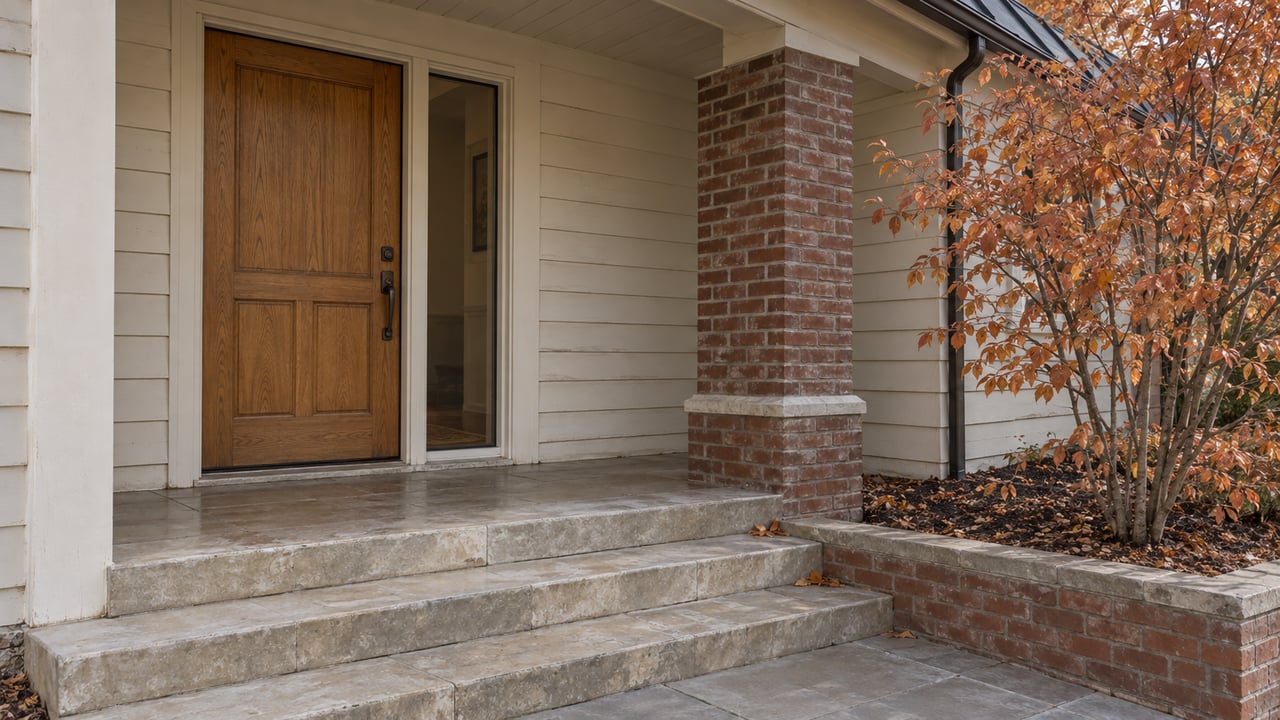 Off-white house entry with oak door, brick pier, limestone steps, and copper-orange leaves.