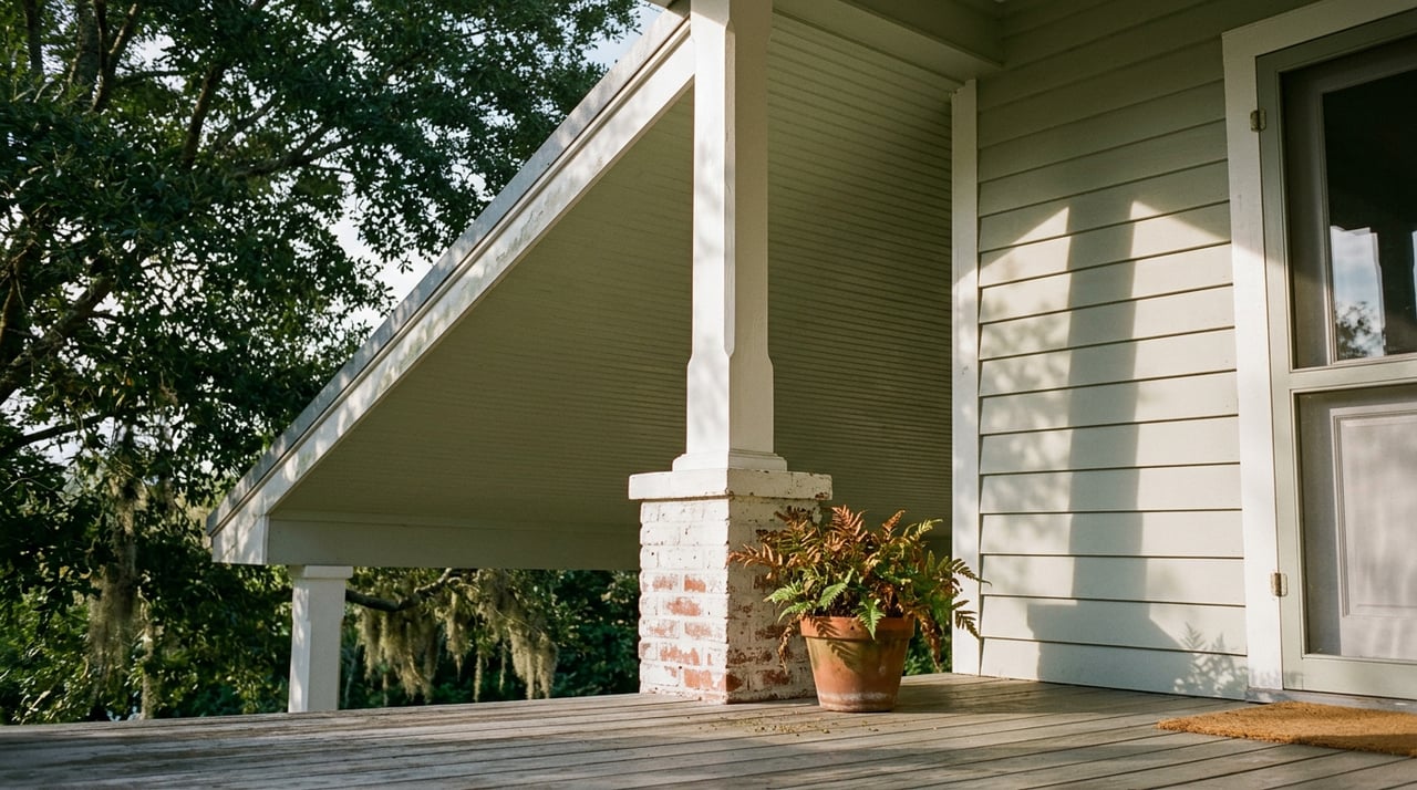 Porch corner with a white post, brick pier, pine decking, and Spanish moss hanging from an oak limb.