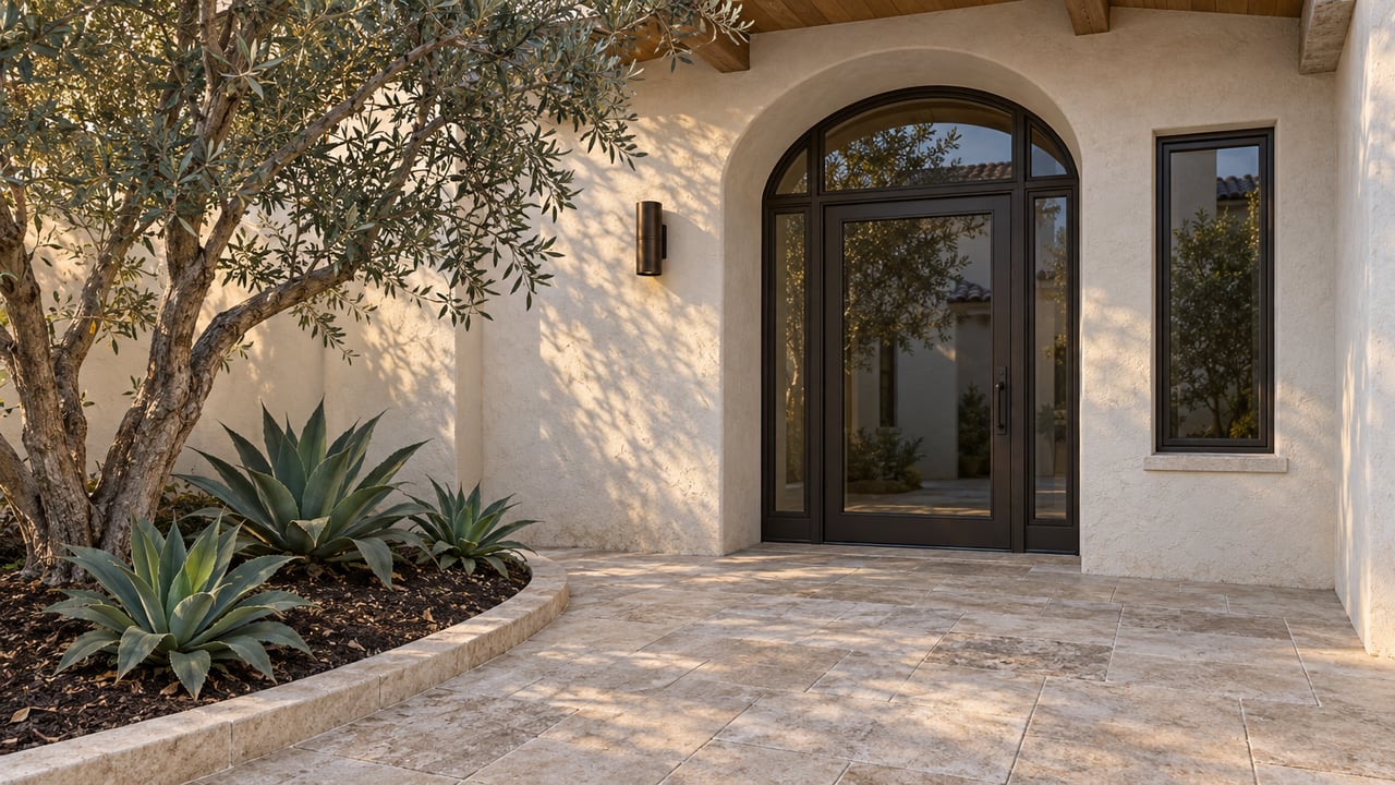 Warm-white stucco courtyard entry with an arched bronze-framed glass door, oak porch ceiling, limestone paving and a sculptural olive tree.