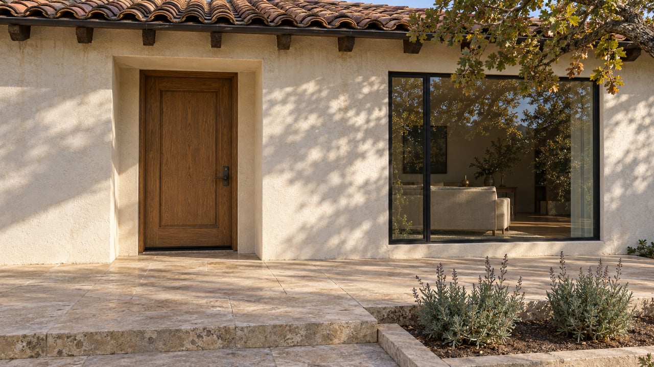 Sunlit plaster and oak entry of a single-story home, with clay roof tiles, a black-framed window and a raised limestone landing beside silver-green sage.