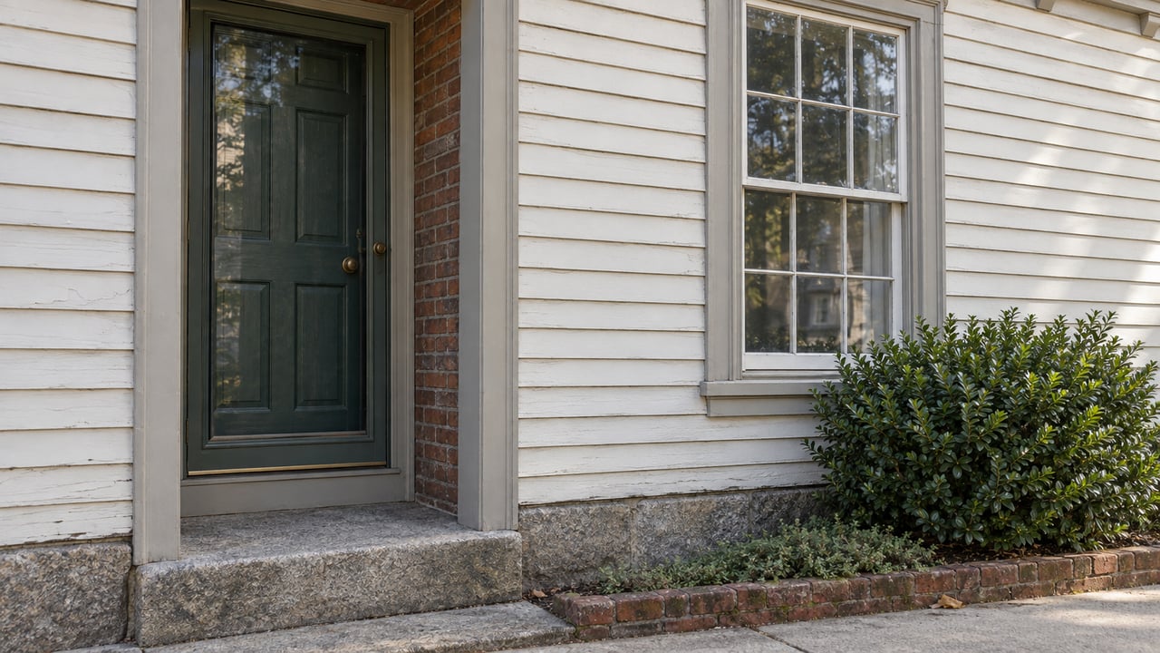 Historic clapboard house with a recessed green door, six-over-six window, granite step, and small planting bed.