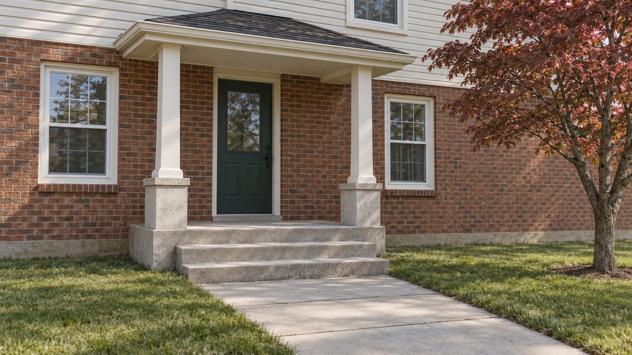 Red-brown brick home with ivory siding, a covered green front door, concrete steps and a dogwood beside the lawn.