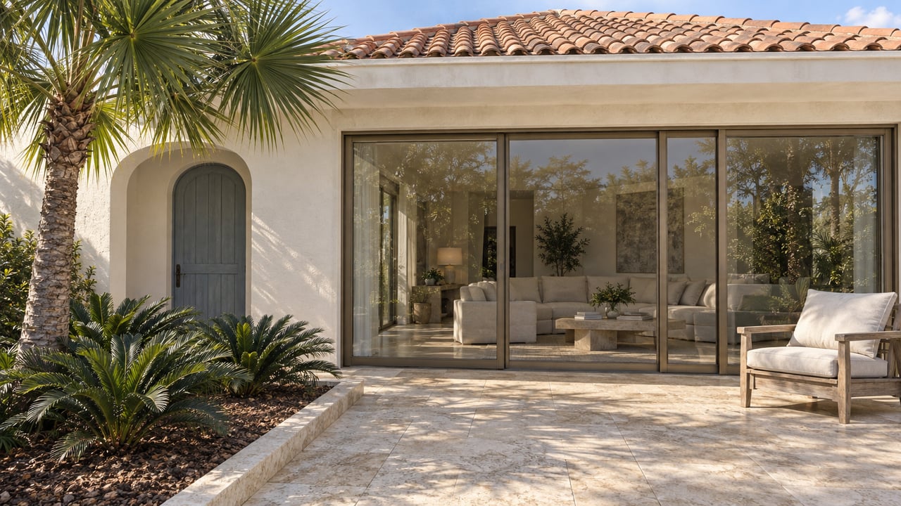 Morning light on a cream stucco villa terrace with bronze-framed sliding doors, pale limestone paving, a teak chair and a mature fan palm.