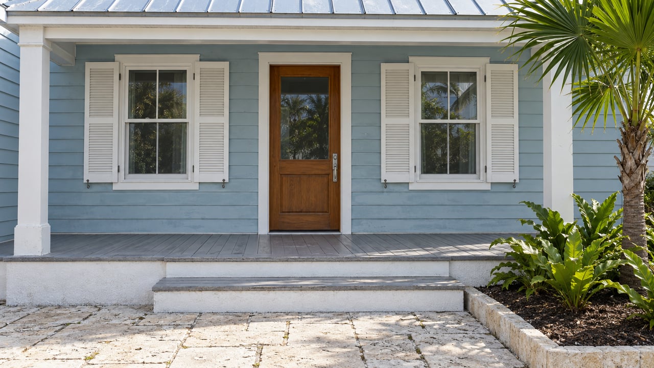 Pale blue timber cottage with a raised shaded porch, warm wood door, white shuttered windows and a limestone approach beside a fan palm.