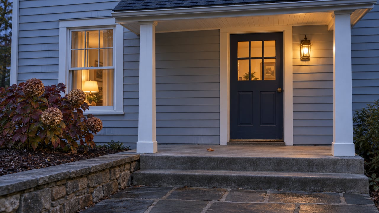 A modest clapboard home's covered entry at blue hour, with a navy door, warmly lit window, worn concrete steps and burgundy oakleaf hydrangea.