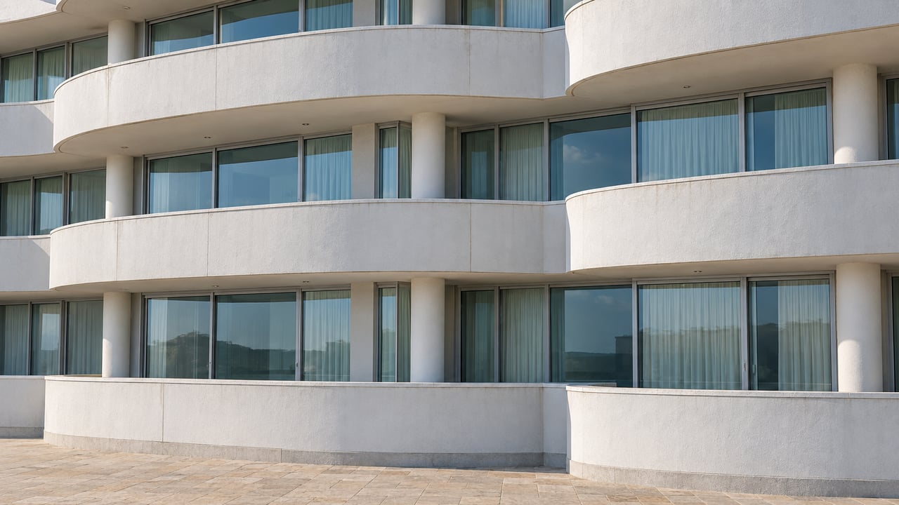Rounded white concrete condominium balconies above closed blue-green glass doors, with sunlit paving at the building’s base.
