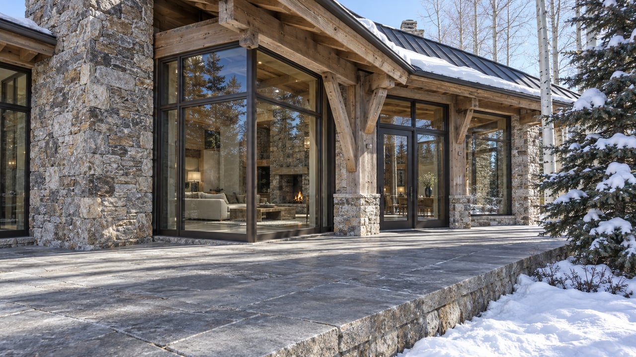 Snow rests on the deep roof of a timber-and-stone home, with tall bronze-framed windows overlooking a cleared granite terrace.