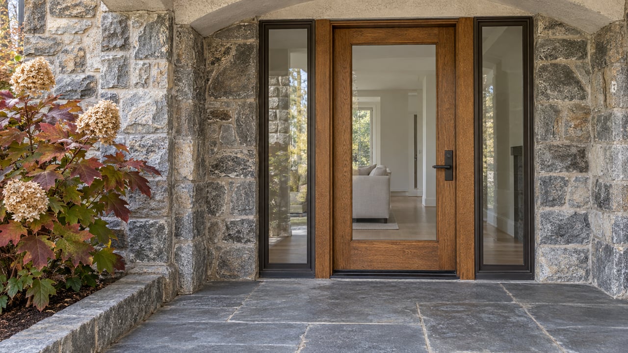 A glazed oak front door with matching sidelights set into weathered gray stone and warm-white stucco, beside autumn oakleaf hydrangea and a bluestone landing.