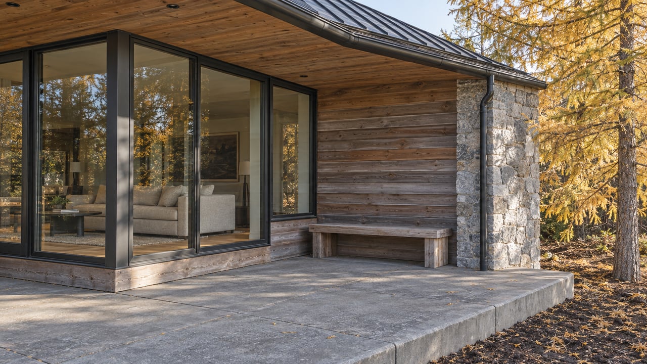 Autumn light on cedar siding, a stone pier, and a glazed living-room corner beside a raised concrete terrace and golden larch.