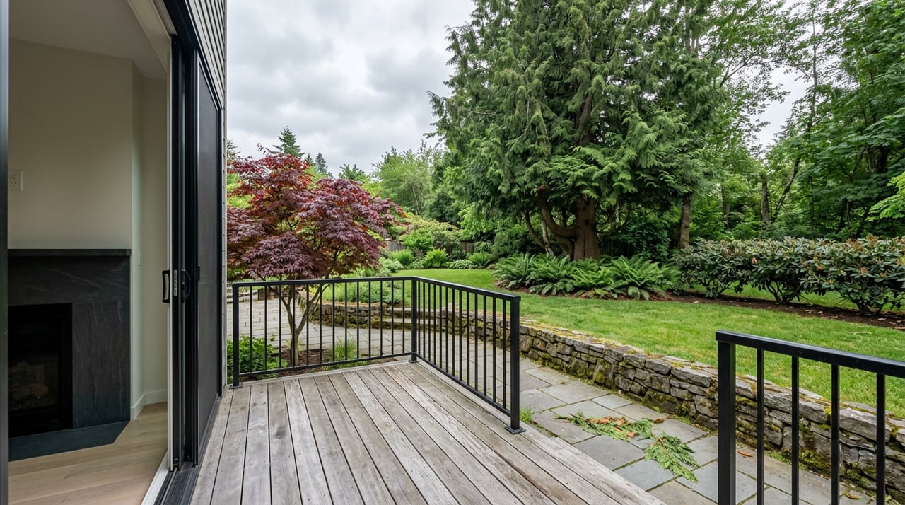A weathered deck overlooks a lawn, bluestone path, red Japanese maple, and dense cedar canopy.