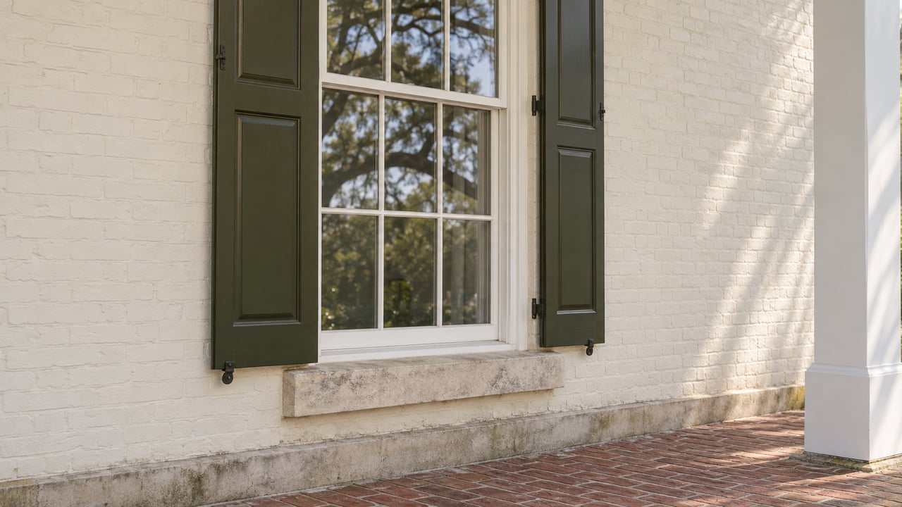 Tall white sash window with open dark olive shutters set in ivory brick above a limestone sill.