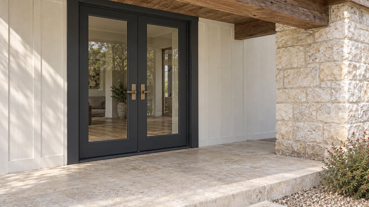 Covered home entry with charcoal French doors, a textured limestone pier, cedar beam and a pale stone porch landing.