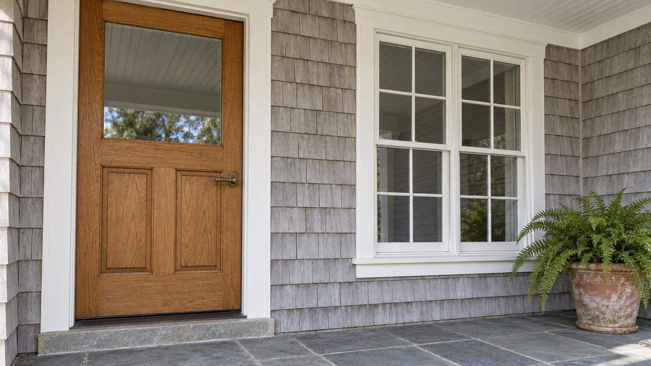 Close view of a shingled home's oak front door, divided-light window, bluestone porch, and a potted fern.