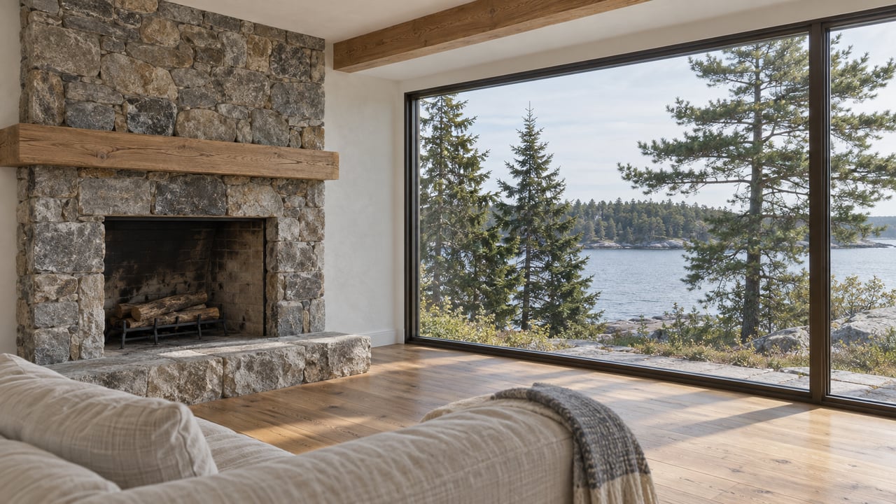Living room with a fieldstone fireplace, oak mantel, and glazed wall overlooking a wooded granite shore.