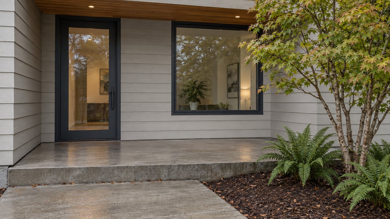 Home entrance with a charcoal-framed glass door, matching window, concrete step, and leafy planting.