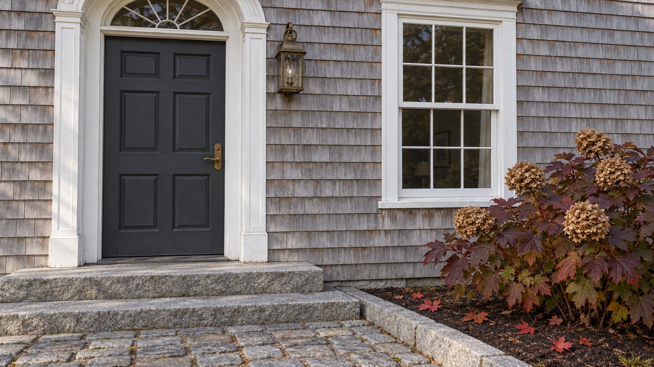 Weathered cedar-shingle entrance with a charcoal door, white arched trim, granite steps and burgundy oakleaf hydrangea foliage.