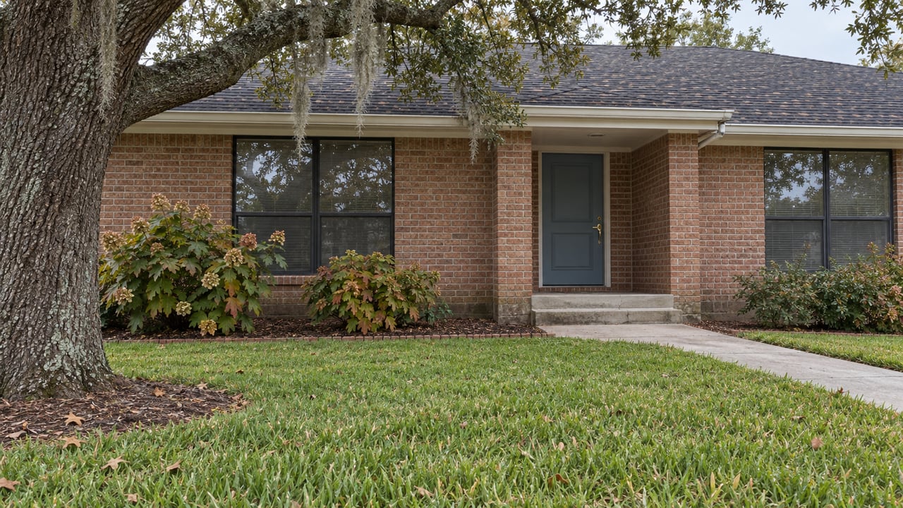 Single-story brick home with a deep front lawn, shaded oak branch and recessed blue-gray front door.