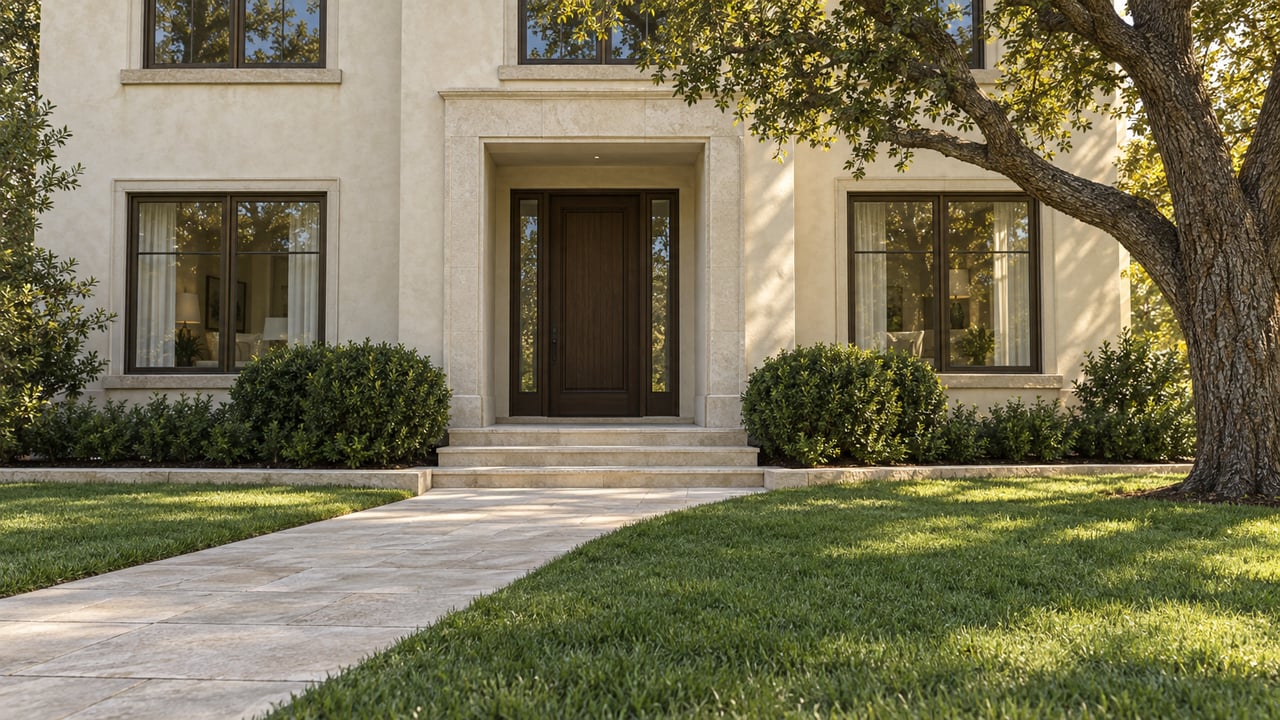 Pale stucco home with bronze-framed windows, a recessed oak entry, limestone steps and a garden of live oak, clipped boxwood and lawn.