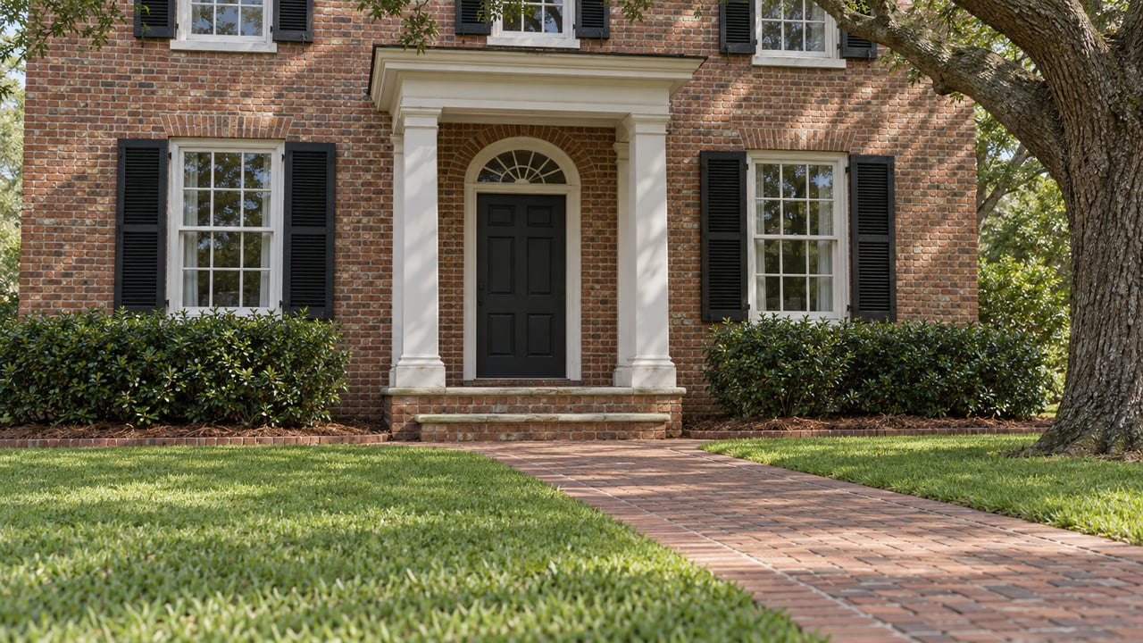 Brick home with white entry trim, black shutters, a brick approach, and a live oak beside the lawn.