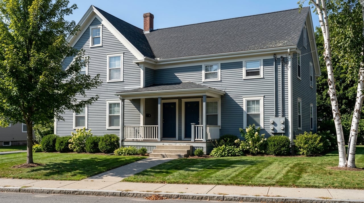 Wood-clad triplex with two front entrances, side-wall meters, a deep lawn, and mature deciduous trees.