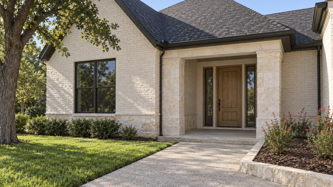 Painted brick home with a steep charcoal gable, limestone porch, oak entry door and a concrete walk bordered by lawn and flowering sage.