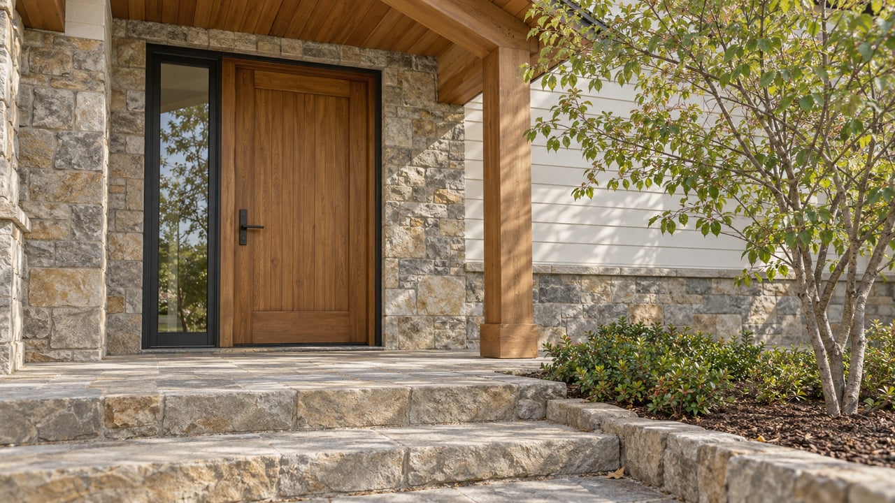 Recessed honey-brown timber door beside a narrow glass sidelight, framed by sandstone and off-white siding.