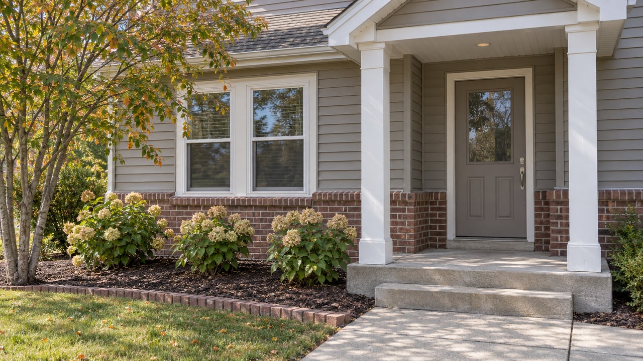 Covered suburban home entry with greige siding, brown-red brick, white trim and a neatly edged planting bed.
