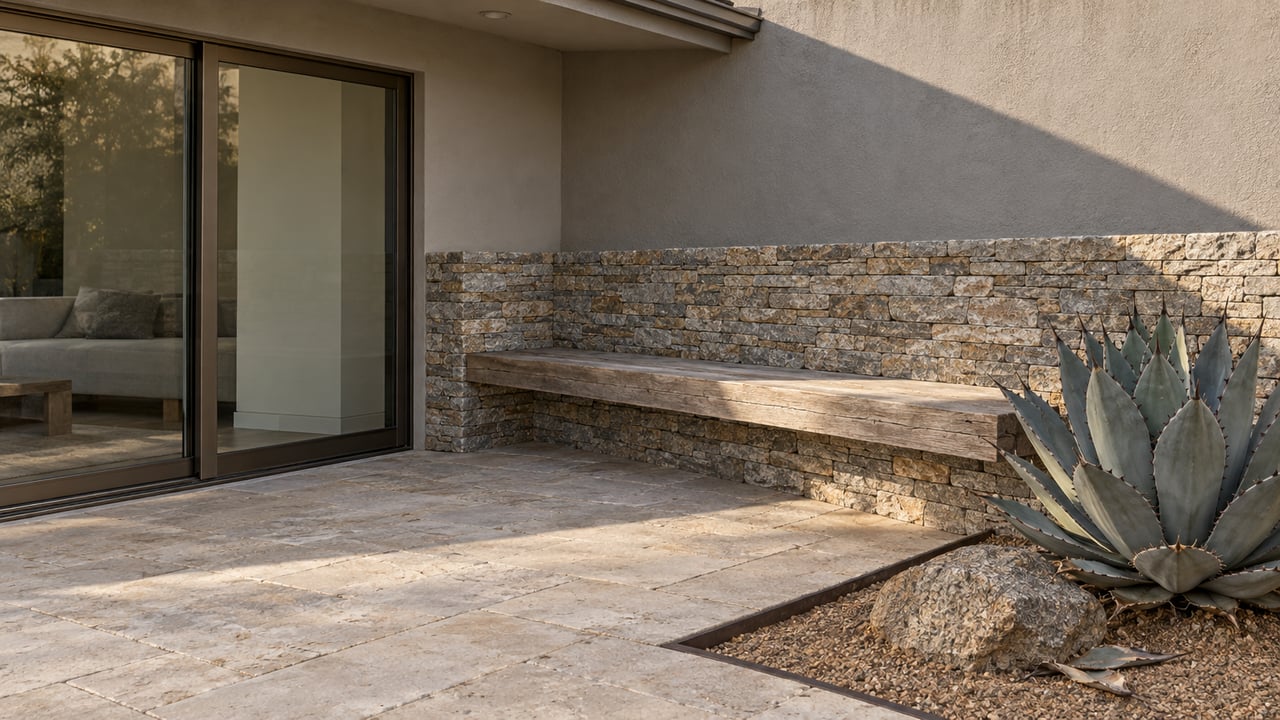 Late-afternoon light on a stone terrace with a teak bench, bronze-framed glass doors and a blue-gray agave.