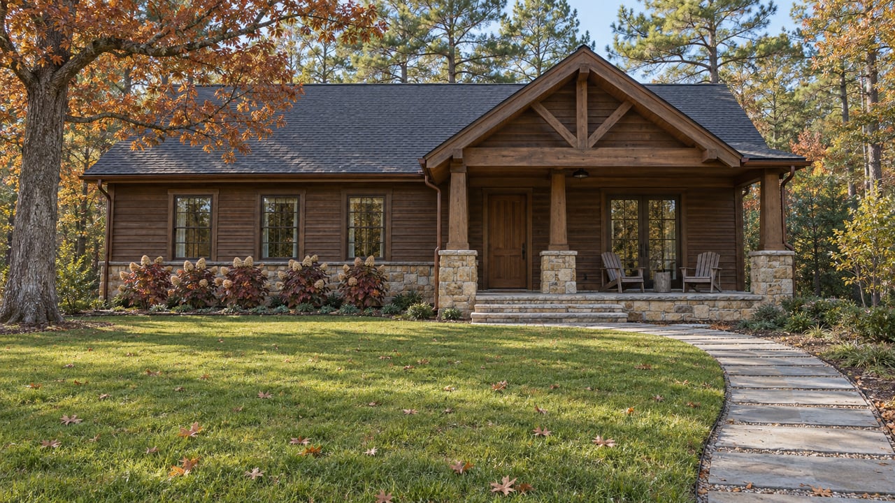 Timber-and-stone home with a deep front lawn, shaded porch and mature oak and pine trees in autumn light.