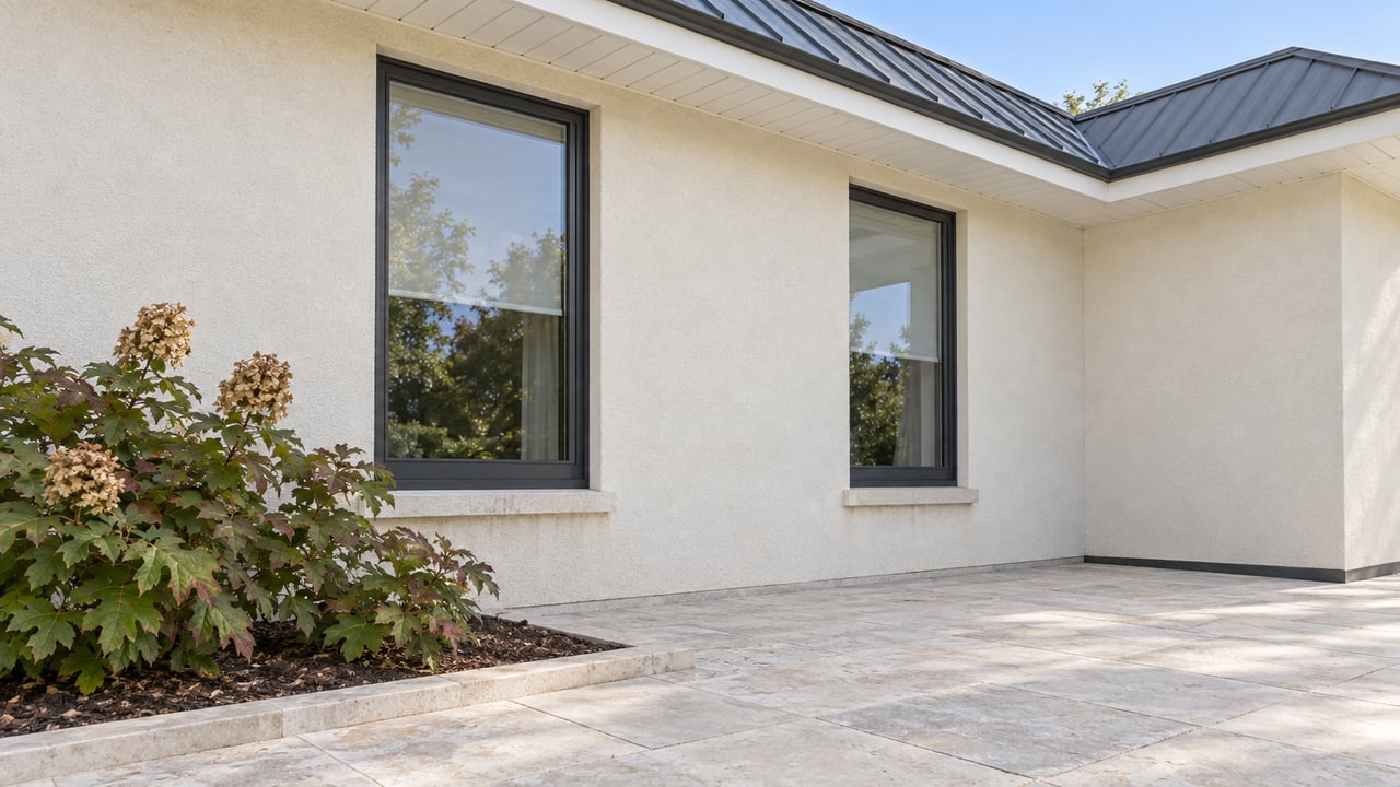 Sunlit ivory stucco home with tall charcoal-framed windows, a limestone terrace, and an oakleaf hydrangea beside the paving.
