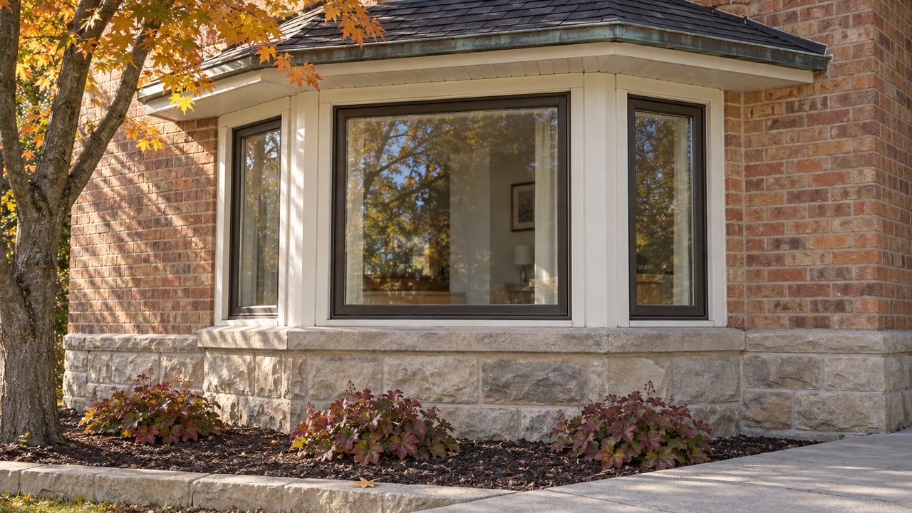 Morning light grazes a brick home's dark-framed bay windows above a limestone foundation and a small autumn garden.