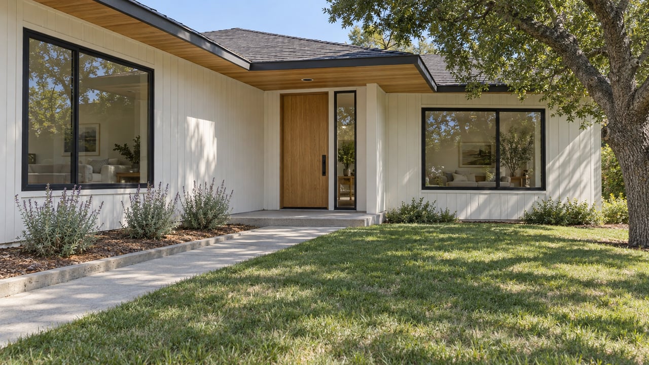 Low-angle view across a front lawn toward a white wood-sided single-story home with an oak entry door, broad timber eaves and a mature oak tree.