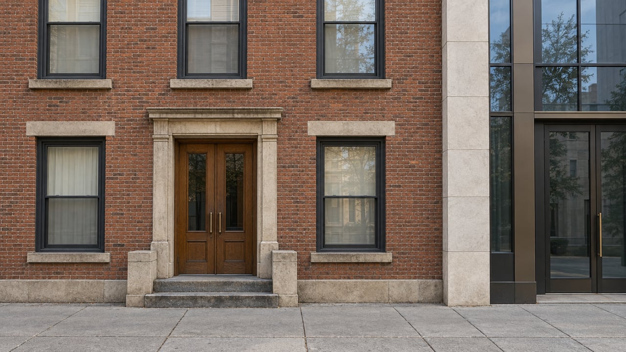 Weathered russet brick apartment facade with limestone window surrounds and an oak entry beside a modern bronze-framed glass entrance.