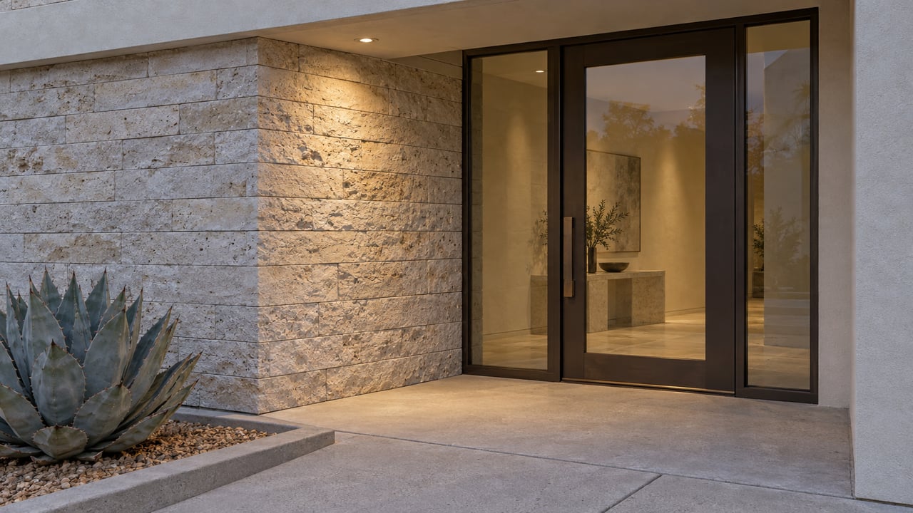 Dusk light on a recessed bronze-framed glass entry beside pale limestone and a blue-gray agave in a gravel planting pocket.