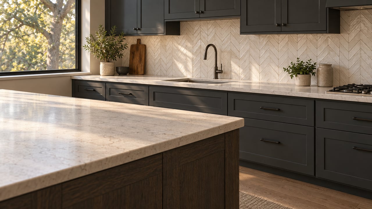 Kitchen with a pale veined quartz island, charcoal cabinets, chevron tile backsplash, and a black-framed window.