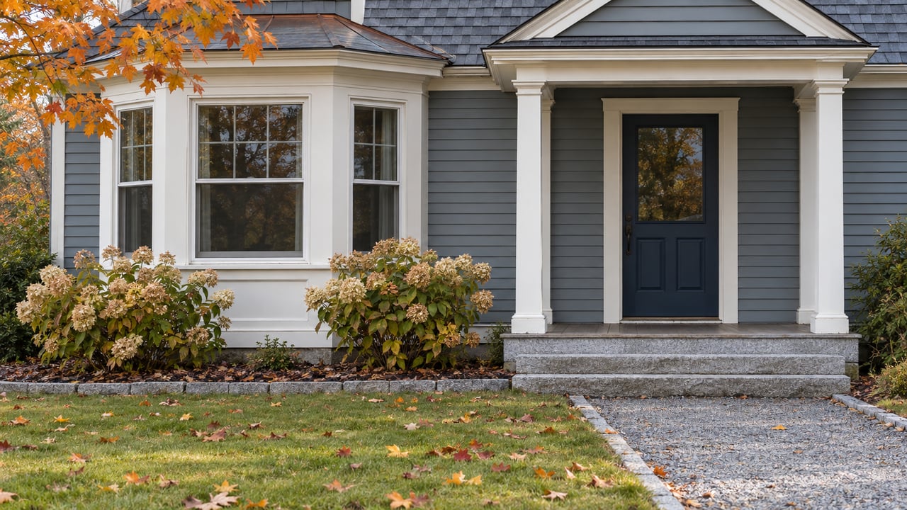 Gray-blue clapboard home with white-trimmed bay windows, a covered entrance, granite steps and copper-colored maple leaves.