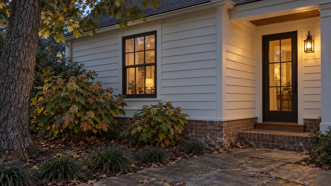 Cream clapboard house corner with a closed glazed entry, brick foundation, oak canopy, and hydrangeas at blue hour.