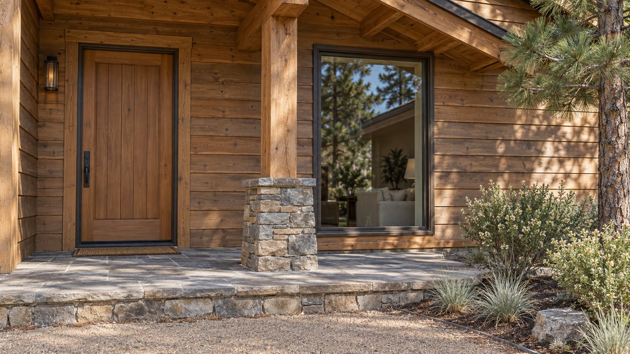 Cedar-clad house entry with a fir door, tall window, stone porch landing, and pine at the edge.