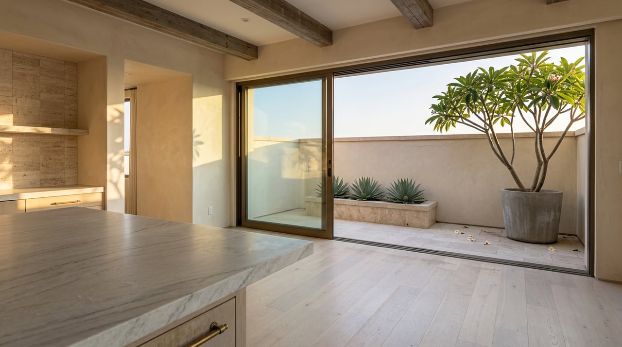 Stone island faces an open glass wall and terrace, with a plumeria tree and petals.